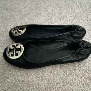 Tory Burch Black Flats with Logo Medallion and Elastic Detail